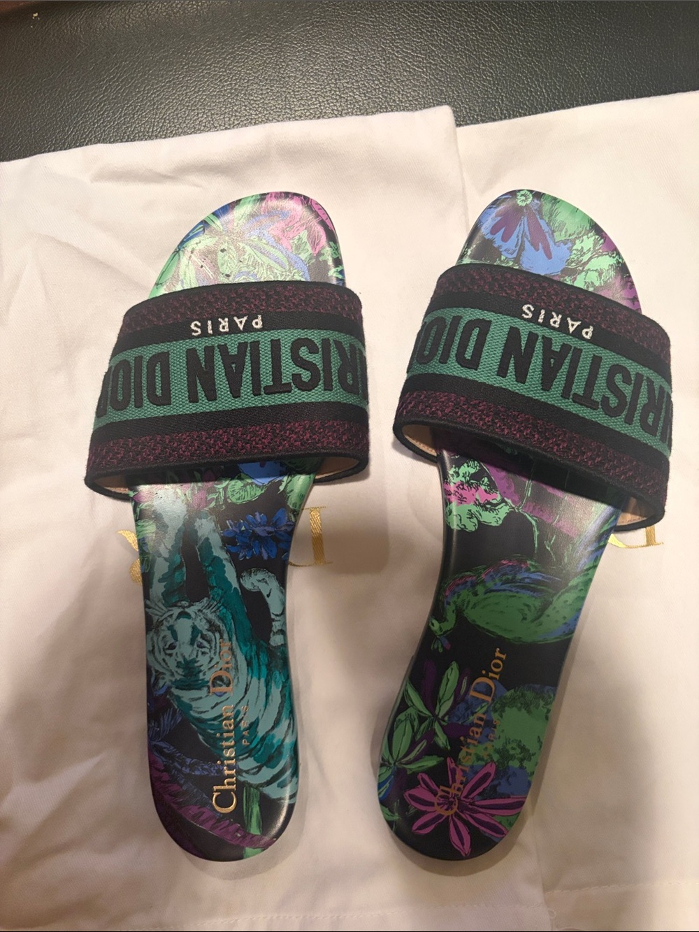 Dior Floral Slide Sandals in Green and Black